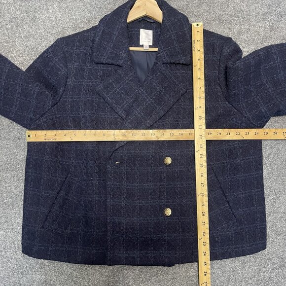 Lauren Conrad Womens Plus 1X Navy Plaid Double-Breasted Peacoat Jacket - Picture 7 of 7